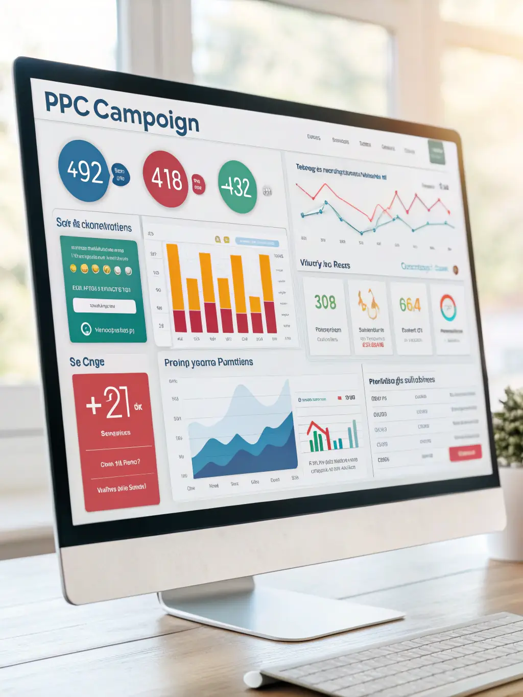 A dashboard displaying PPC campaign performance metrics, including impressions, clicks, conversions, and ROI, in a clear and concise format.